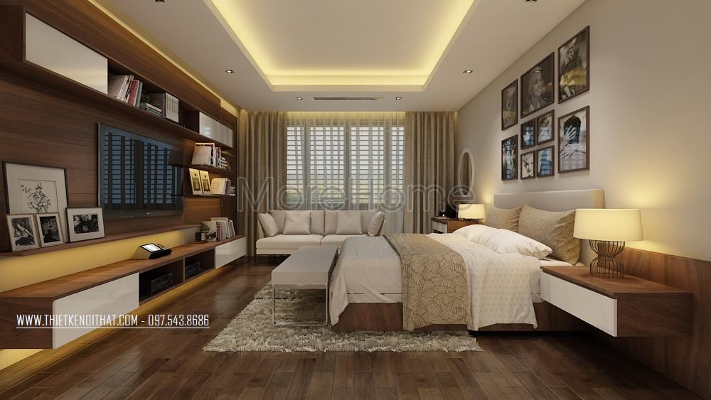 Thiết kế nội thất phòng ngủ biệt thự tại Hà Nội sử dụng gỗ óc chó nhập khẩu